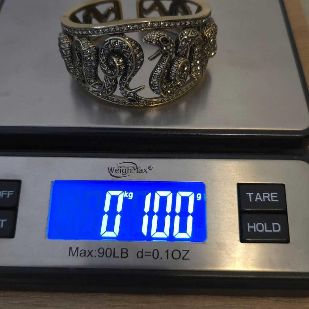 Heidi Daus Double Dragon Snake Clamper Gold-Tone Rhinestones Hinged Bracelet - Picture 11 of 12